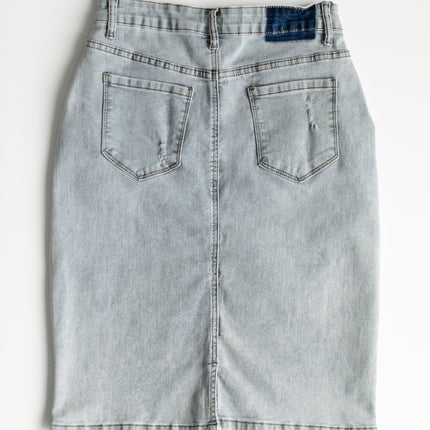Maelia Distressed Denim Midi Skirt