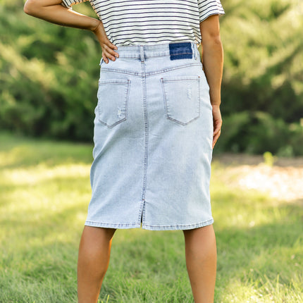 Maelia Distressed Denim Midi Skirt