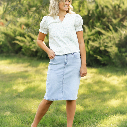 Maelia Distressed Denim Midi Skirt