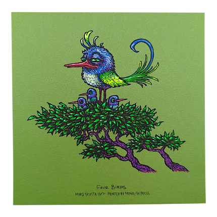 Marq Spusta "Four Birds" (Dark Lime Shimmer) Mini Print