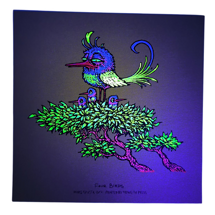 Marq Spusta "Four Birds" (Dark Lime Shimmer) Mini Print