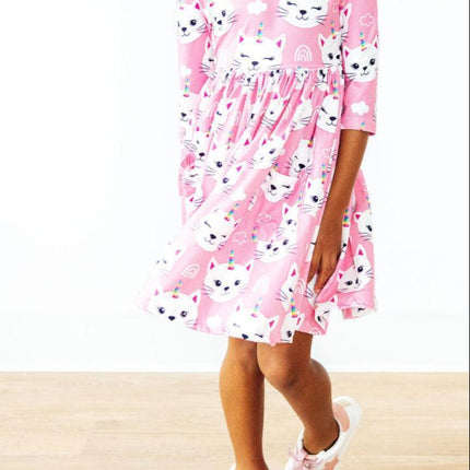 Unicorn Kitties 3/4 Sleeve Pocket Twirl Dress