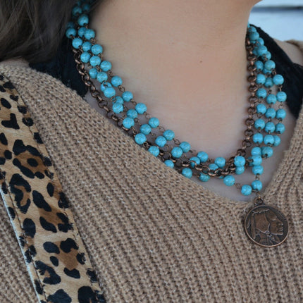 Blue Turquoise Collar-Length Necklace w/ Indian Buffalo Coin 114E