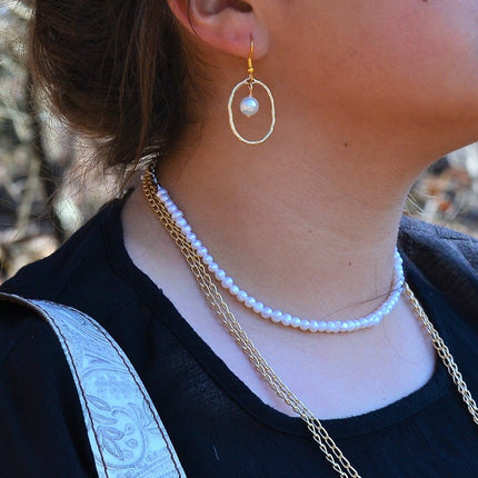 Matte Gold Hoop Earrings with Pearl Dangle 203s