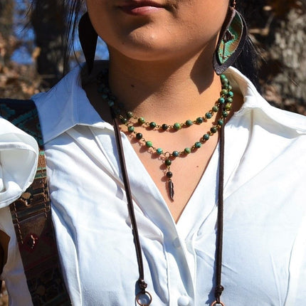 Double Strand Lariat African Turquoise Necklace w/ Copper Feather 251h