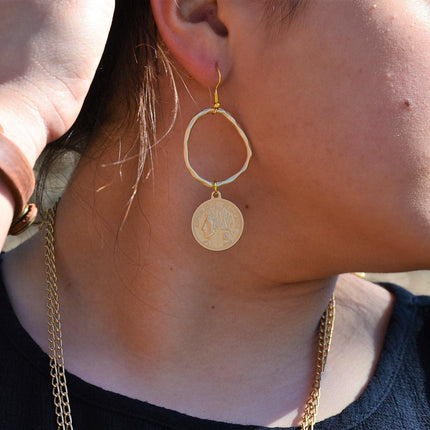 Matte Gold Hoop Earrings with Coin Dangle 203v
