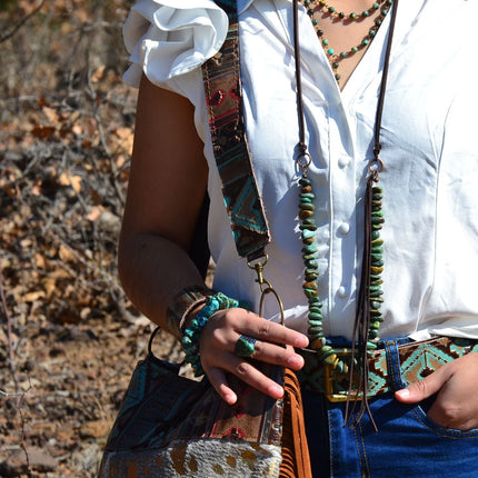 Natural Turquoise Necklace with Side-Tie Vegan Leather Tassel 245c