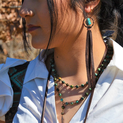 Turquoise Drop Earrings w/ Brown Leather Tassel 203z
