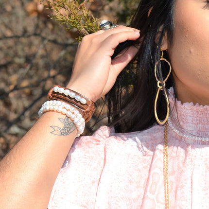 Dusty Leather Narrow Cuff with Genuine Freshwater Pearls 006r