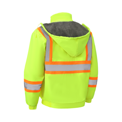 Kiwi High Visibility Hooded & Sherpa Lined ANSI/ISEA 107-2020, Type R, Class 3 Contrast Trimmed Water Resistant Neon Safety Jacket [71100]