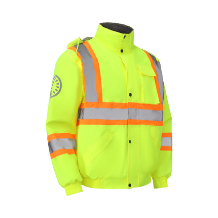 Kiwi High Visibility Hooded & Sherpa Lined ANSI/ISEA 107-2020, Type R, Class 3 Contrast Trimmed Water Resistant Neon Safety Jacket [71100]