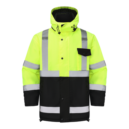 Kiwi High Visibility Hooded & Quilt Lined ANSI/ISEA 107-2020, Type R, Class 3 Two Tone Water Resistant Neon Safety Jacket [71300]