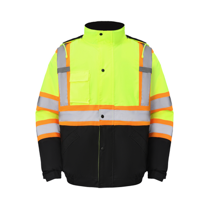 Kingstone High Visibility Hooded and Fleece Lined ANSI/ISEA 107-2020, Type R, Class 3 Two-Tone, Contrast Trimmed Neon Safety Jacket