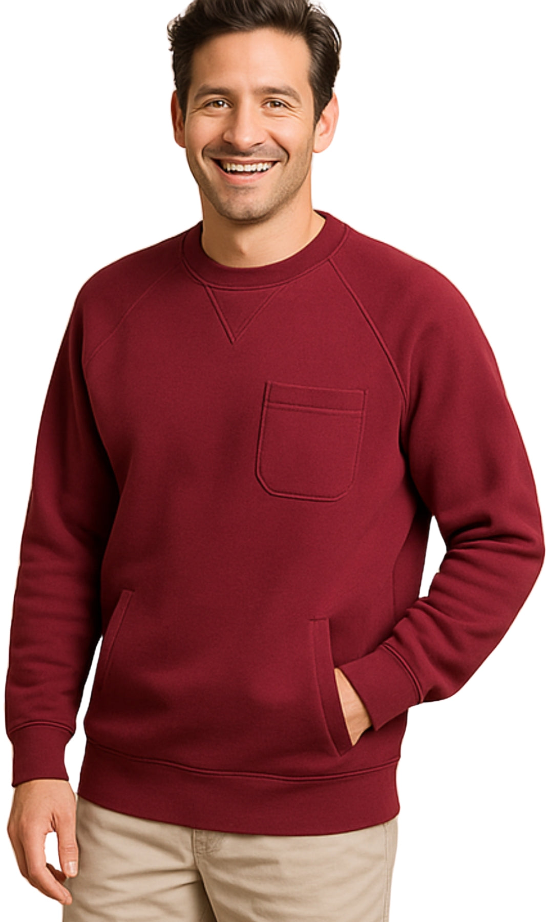 Mens 3-Pocket Fleece Sweatshirt with Raglan Seams, Chest Pocket and Tagless Neck