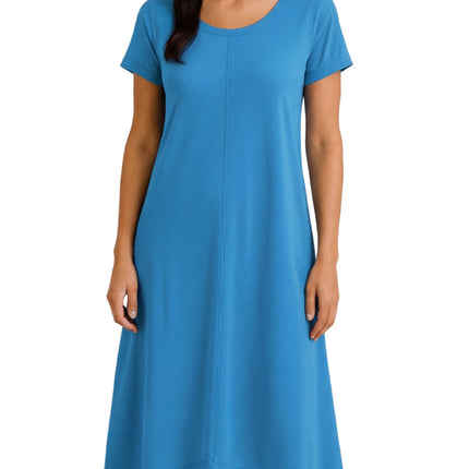 Women's Knit Wide Scoop Neck Short Sleeve Dress in A-line Aymmetrical Hem