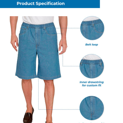 Men's Stretch Waist Pull On Shorts  in Denim and Twill - Free of Buttons & Snaps