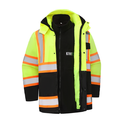 Kiwi High Visibility 3-in-1 Hooded & Fleece Lined ANSI/ISEA 107-2020, Type R, Class 3 Two Tone, Contrast Trimmed Water Resistant Neon Safety Jacket [71500]