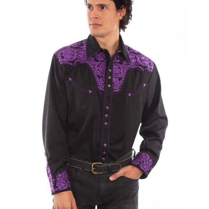 Scully Floral Tooled Embroidery - Men's Western Shirt (Purple/Black)