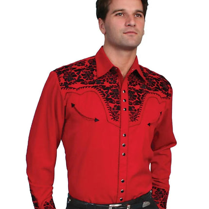 Scully Floral Tooled Embroidery - Men's Western Shirt (Red/Black)