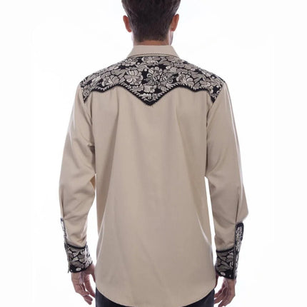 Scully Floral Tooled Embroidery - Men's Western Shirt (Tan/Black)