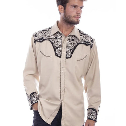 Scully Floral Tooled Embroidery - Men's Western Shirt (Tan/Black)