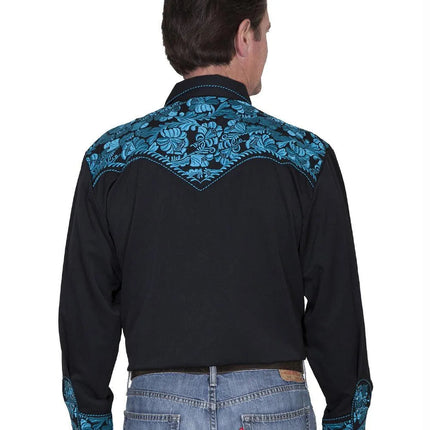 Scully Floral Tooled Embroidery - Men's Western Shirt (Black/Turquoise)