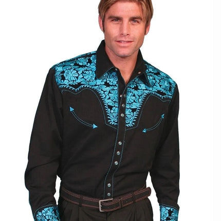 Scully Floral Tooled Embroidery - Men's Western Shirt (Black/Turquoise)