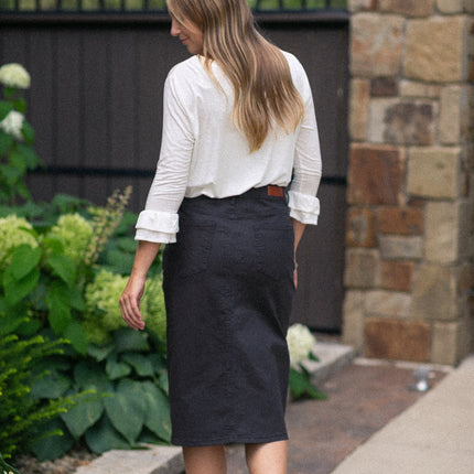 Remi Onyx Black Denim Midi Skirt