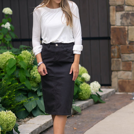 Remi Onyx Black Denim Midi Skirt