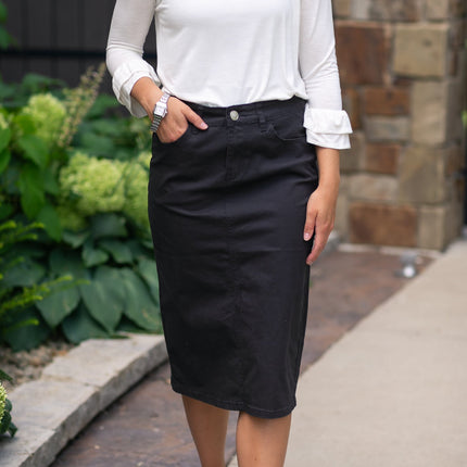 Remi Onyx Black Denim Midi Skirt