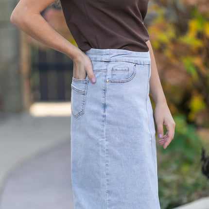 Sandra Light Wash Denim Midi Skirt