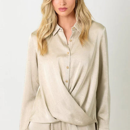 Crinkle Satin Twisted Button Top