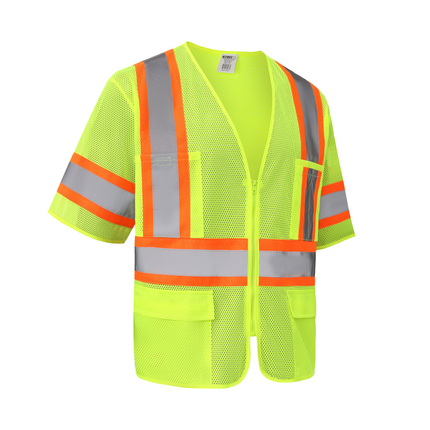 Kiwi High Visibility ANSI/ISEA 107-2020, Type R, Class 3 Contrast Trimmed Neon Short Sleeve Safety Vest [72100]