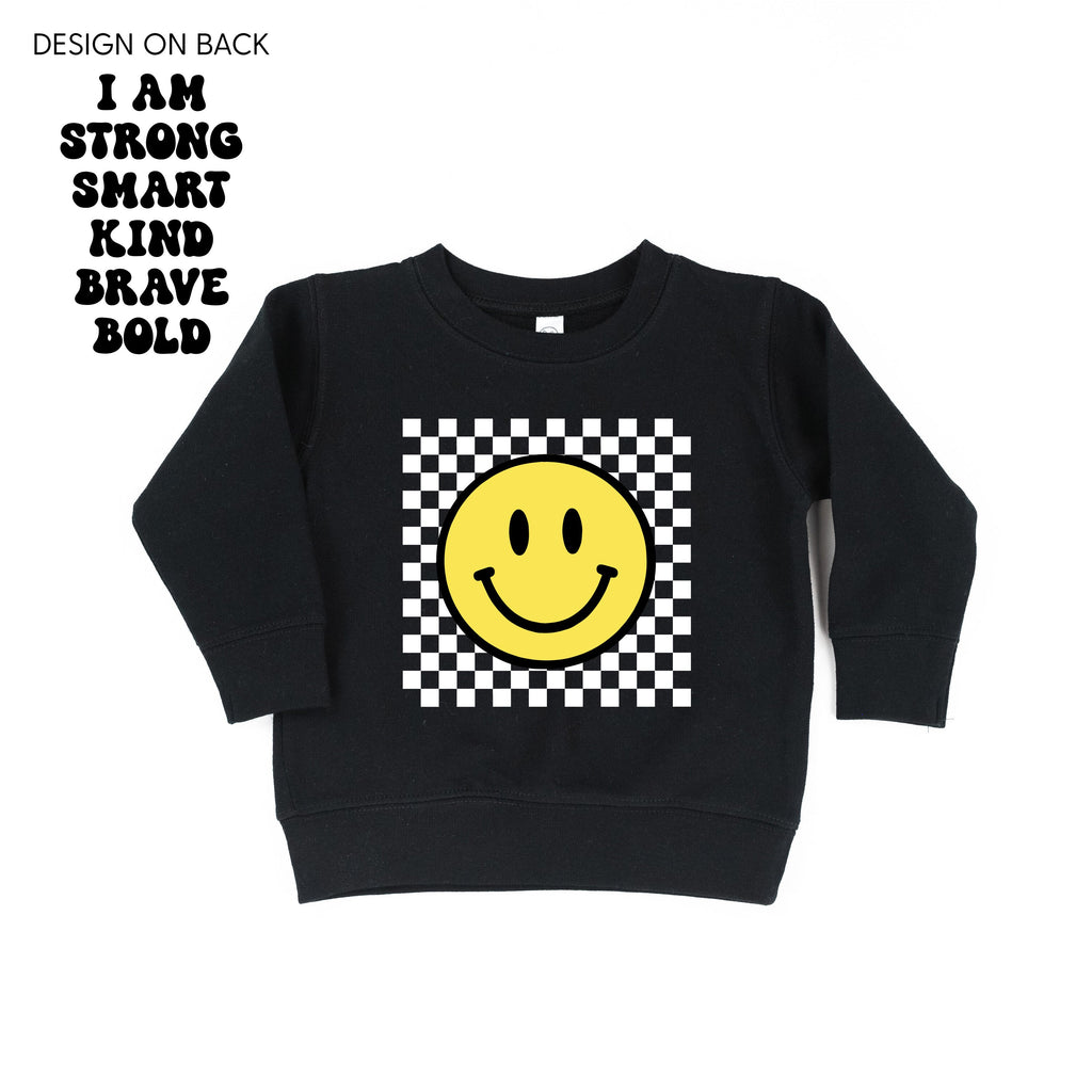Big Yellow Checker Smiley - I am Strong Smart Kind Brave Bold (f & b) - Child Sweater