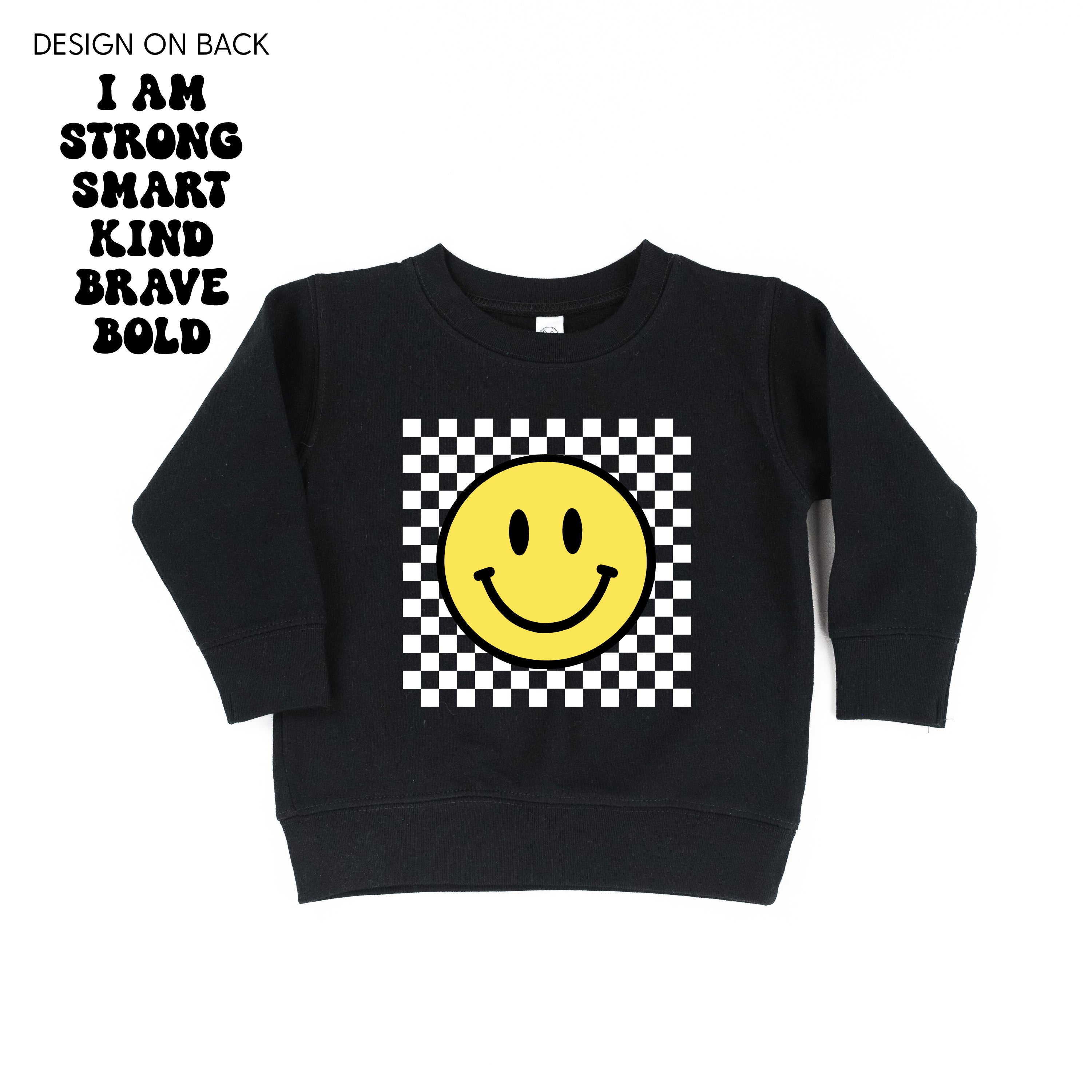 Big Yellow Checker Smiley - I am Strong Smart Kind Brave Bold (f & b) - Child Sweater