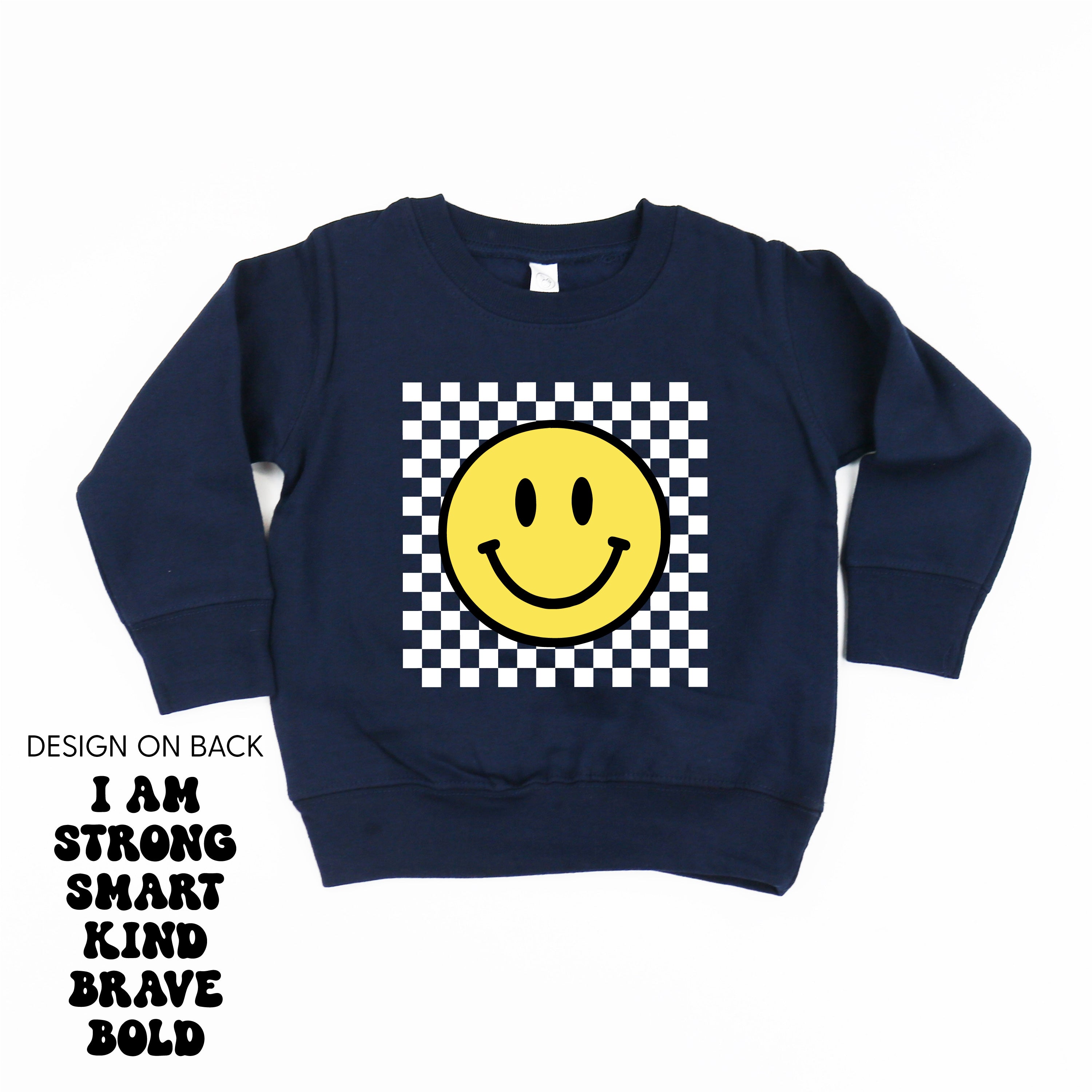 Big Yellow Checker Smiley - I am Strong Smart Kind Brave Bold (f & b) - Child Sweater