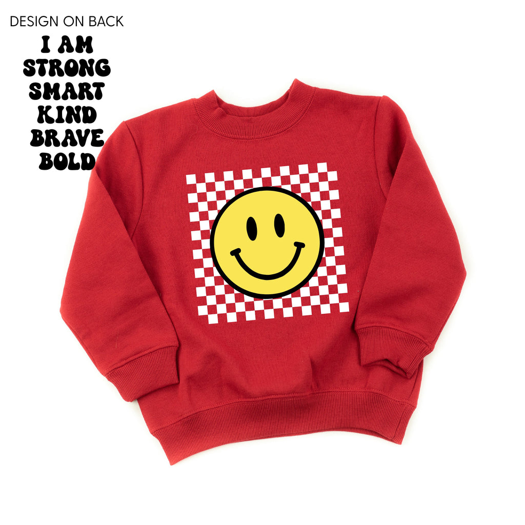 Big Yellow Checker Smiley - I am Strong Smart Kind Brave Bold (f & b) - Child Sweater