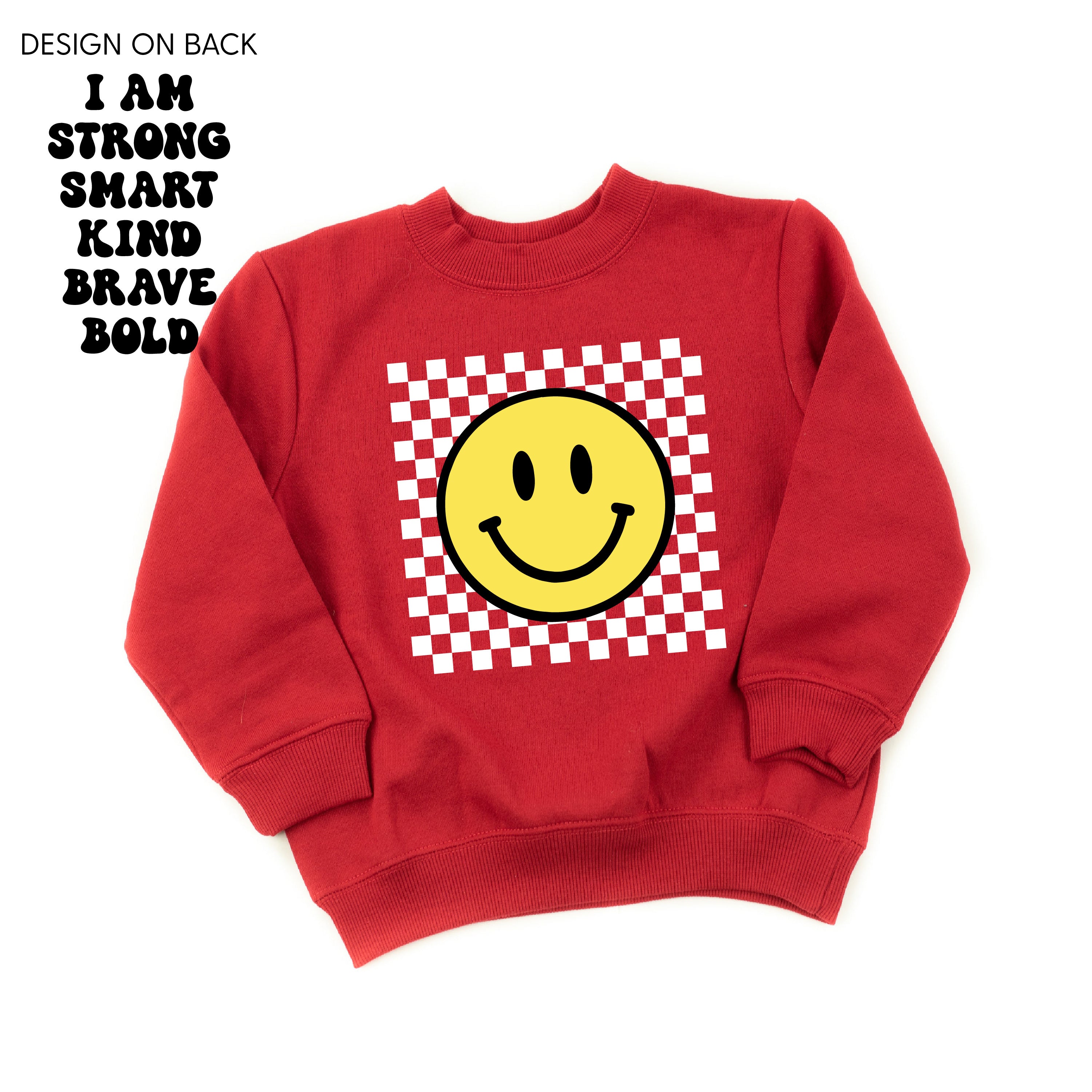 Big Yellow Checker Smiley - I am Strong Smart Kind Brave Bold (f & b) - Child Sweater