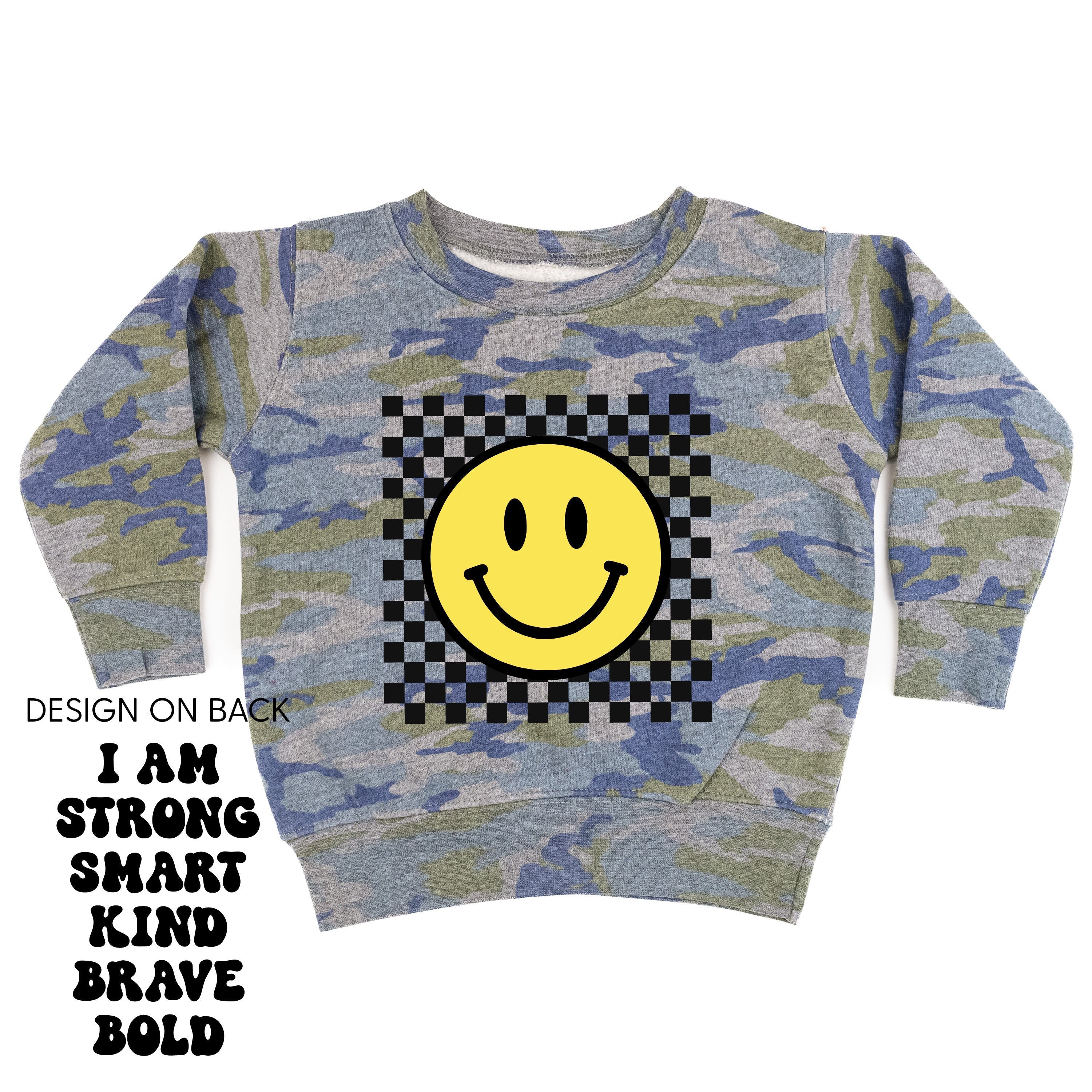 Big Yellow Checker Smiley - I am Strong Smart Kind Brave Bold (f & b) - Child Sweater