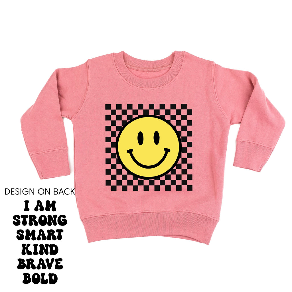 Big Yellow Checker Smiley - I am Strong Smart Kind Brave Bold (f & b) - Child Sweater