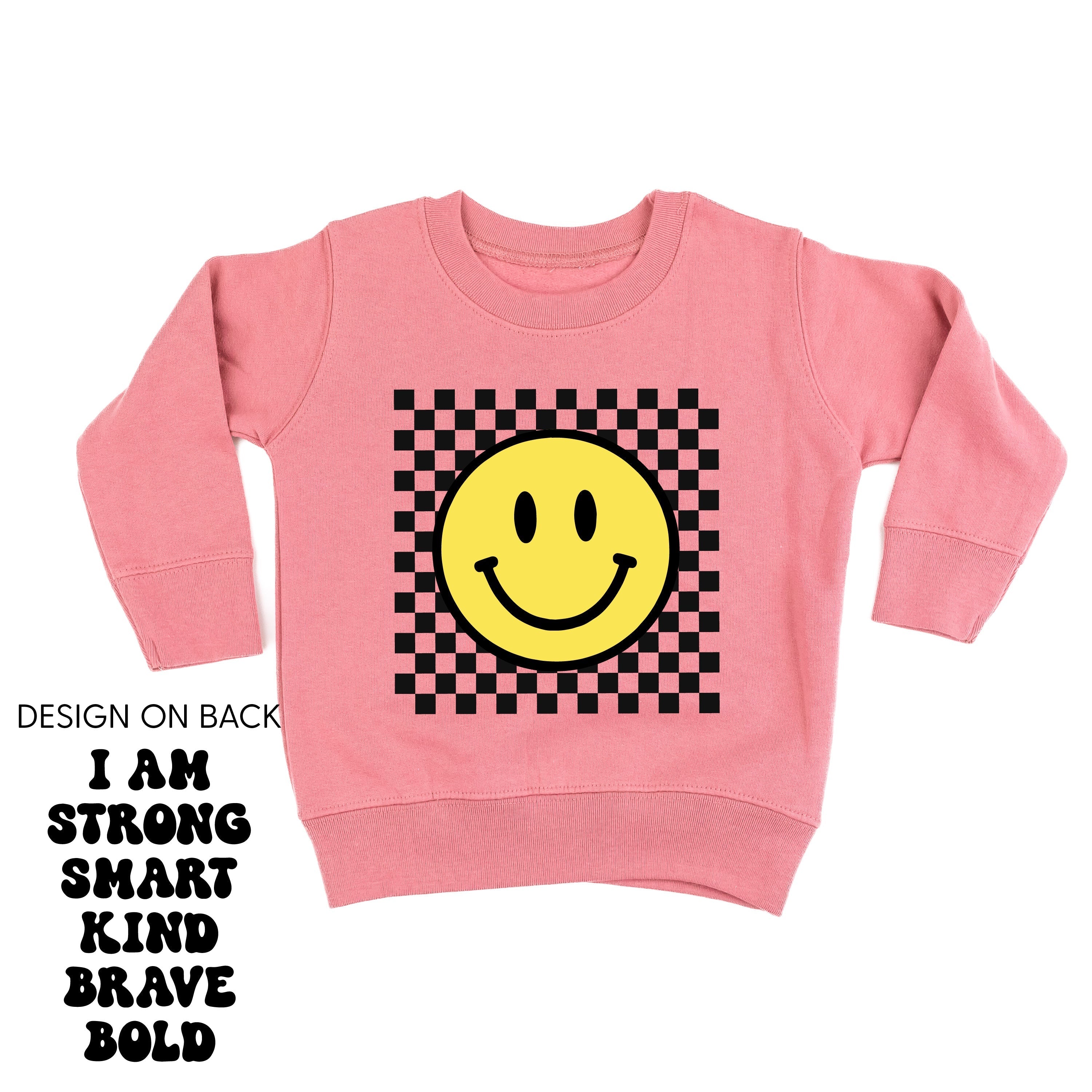 Big Yellow Checker Smiley - I am Strong Smart Kind Brave Bold (f & b) - Child Sweater
