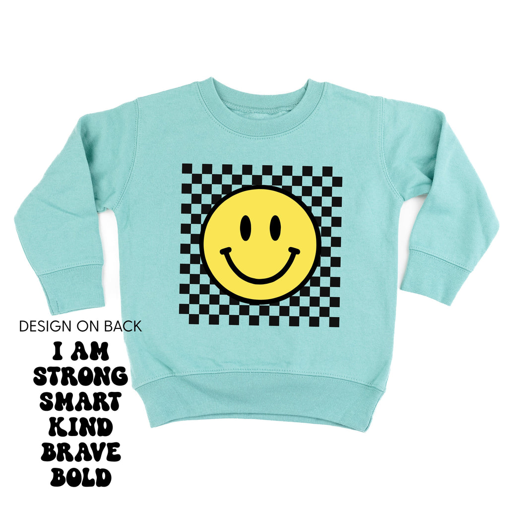 Big Yellow Checker Smiley - I am Strong Smart Kind Brave Bold (f & b) - Child Sweater