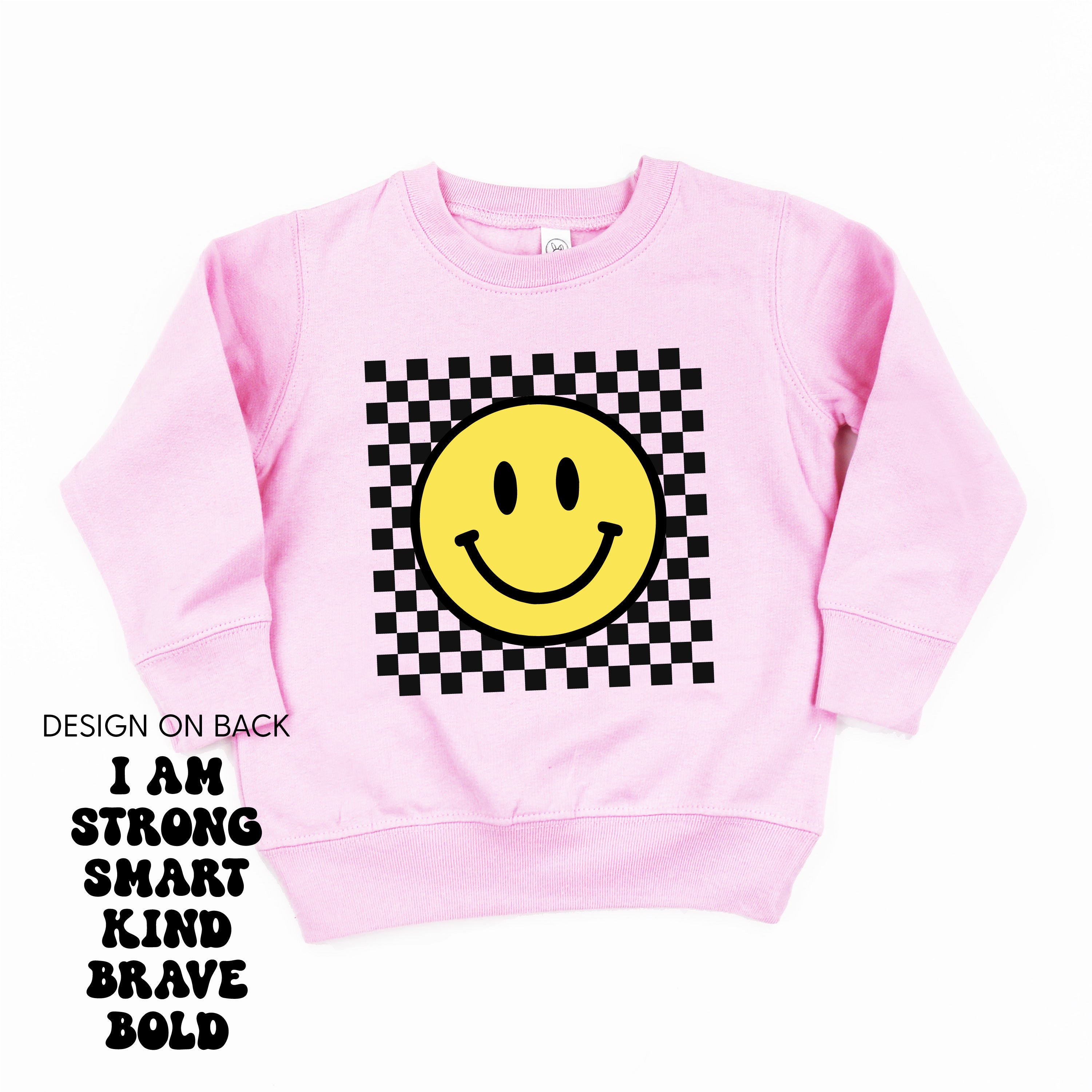 Big Yellow Checker Smiley - I am Strong Smart Kind Brave Bold (f & b) - Child Sweater