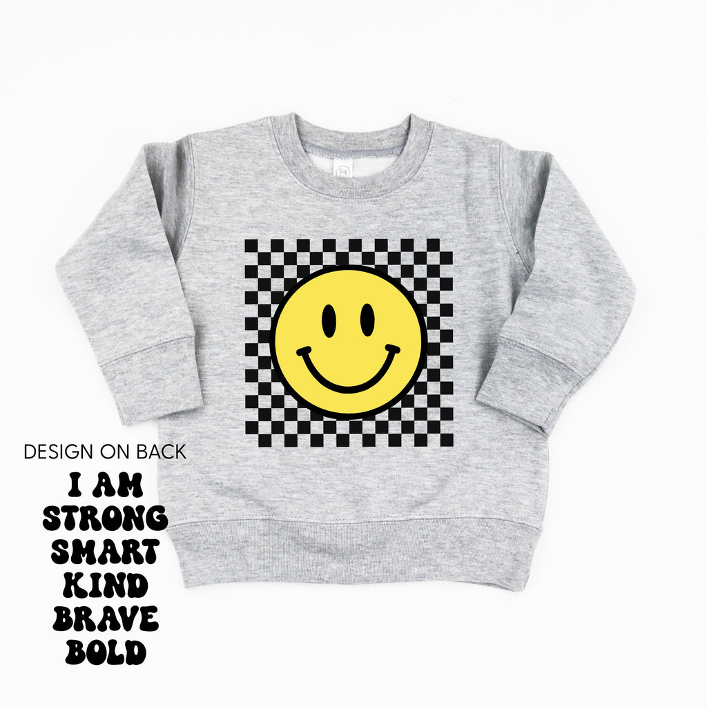 Big Yellow Checker Smiley - I am Strong Smart Kind Brave Bold (f & b) - Child Sweater