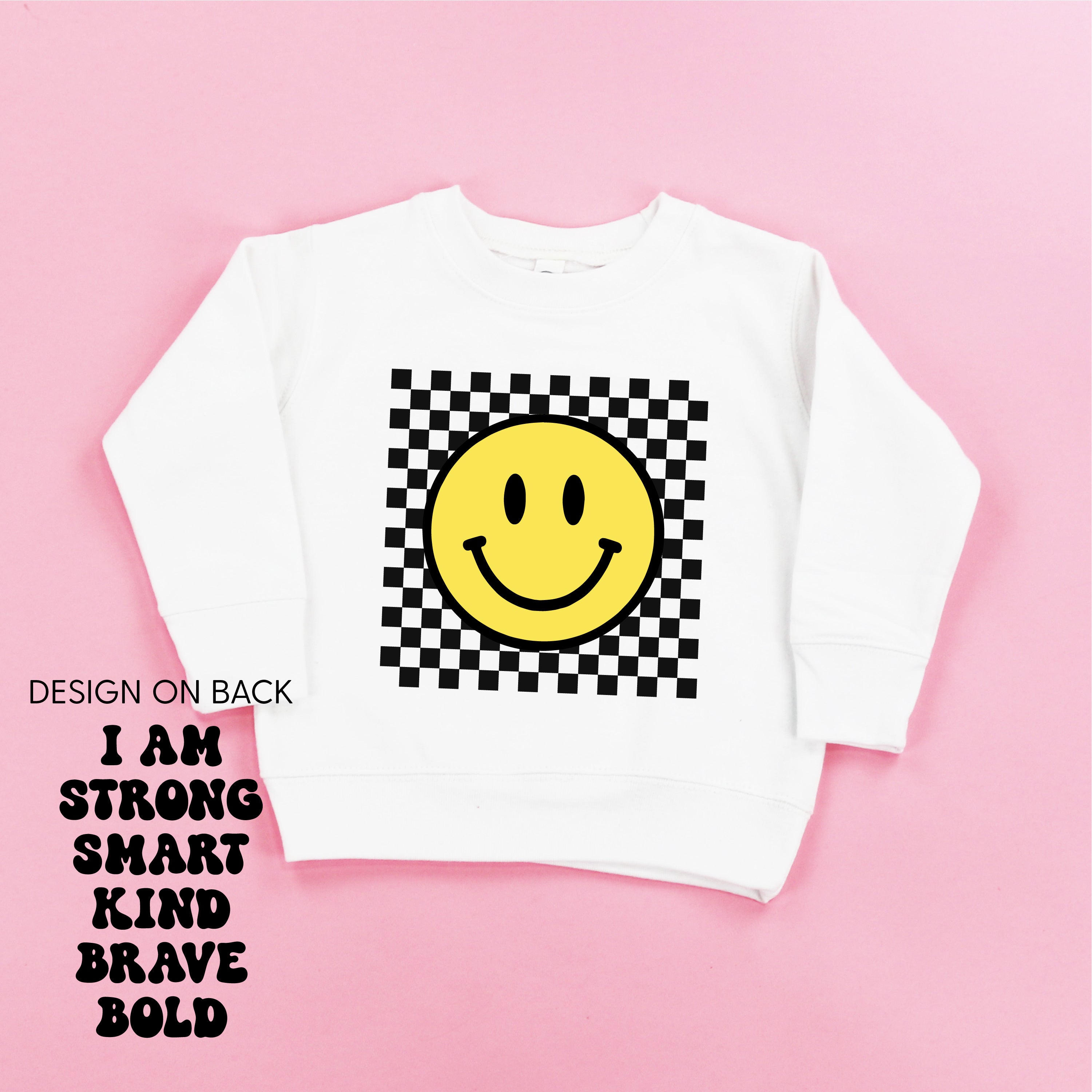 Big Yellow Checker Smiley - I am Strong Smart Kind Brave Bold (f & b) - Child Sweater