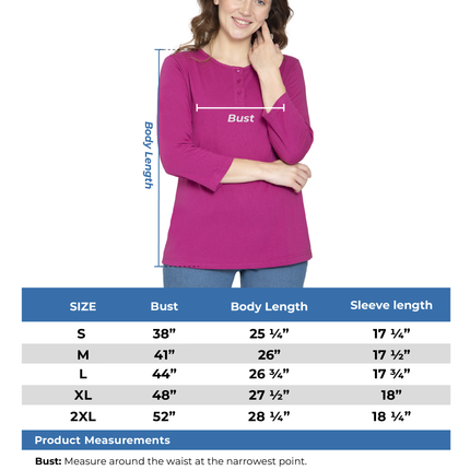 Women's 3/4 sleeves Henley in Cotton Blend with Button Placket
