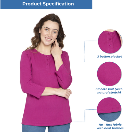 Women's 3/4 sleeves Henley in Cotton Blend with Button Placket
