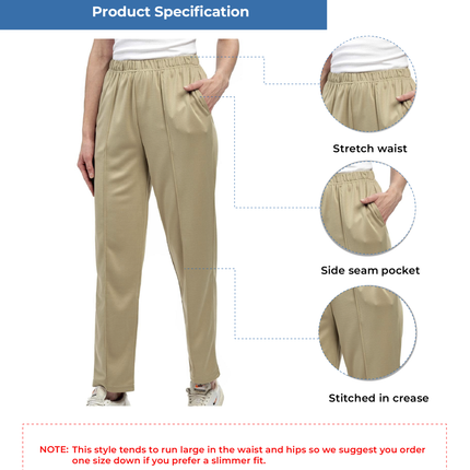Womens Classic Poly Knit Pants - Pull On Slacks with Elastic Waist