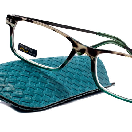 Vienna, (Premium) Reading Glasses High End Readers (Tortoise Shell Blue) Rectangular +1.25..+3 Magnifying Metal Thin Temple NY Fifth Avenue.