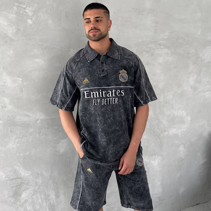 Washed Club Spirit Men's Polo & Shorts Set – Vintage Black & Gold Streetwear Style